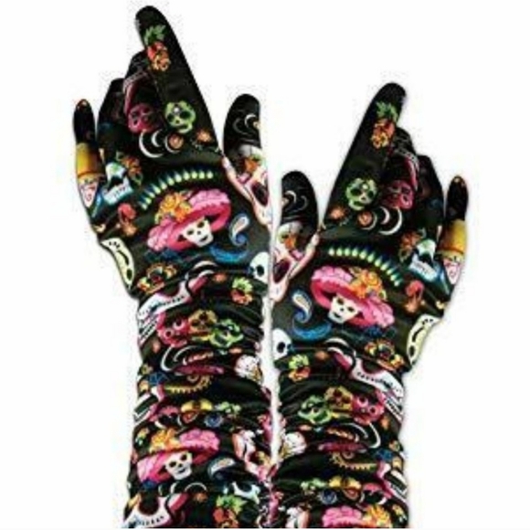 Dia de Los Muertos/Day of the Dead Ruched Opera Gloves - Picture 1 of 10
